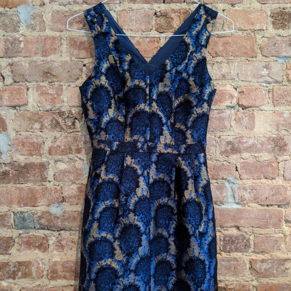 Jcrew jacquard gold and blue cocktail dress in 0.